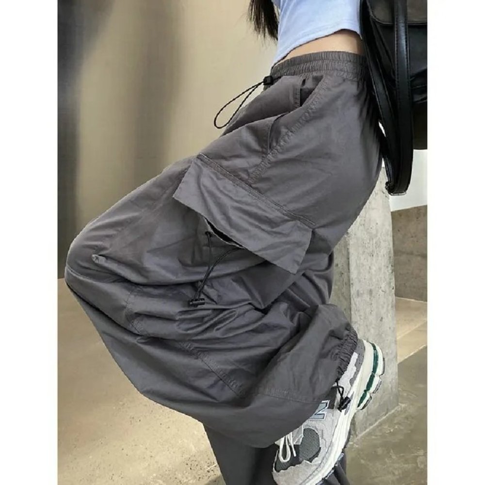 Women Cargo Pants Capris Y2K Medium M Gray Elastic Waist High Rise Drawstring - Picture 3 of 12